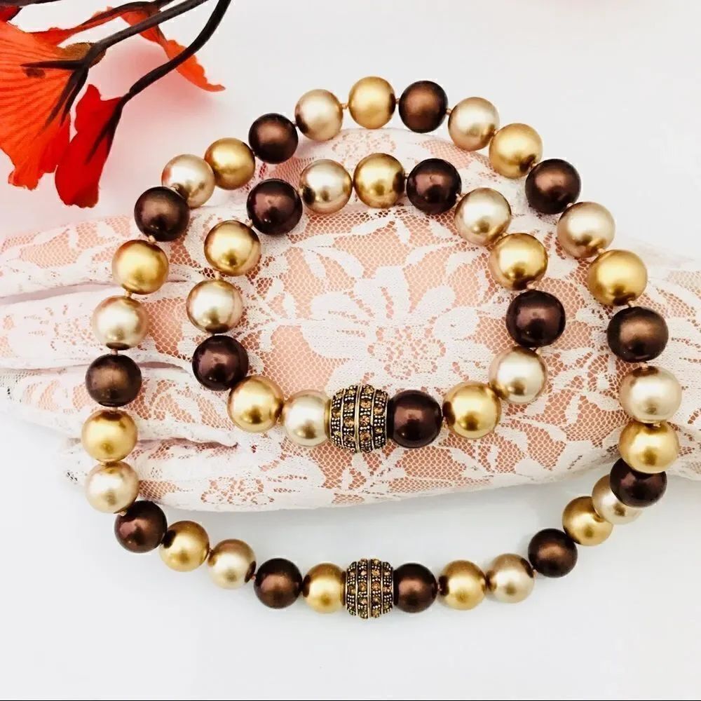 Vintage Art Deco Disco Ball Beaded Coffee Gold Pearls Necklace Bracelet Set 4450